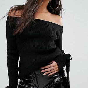 Knit Off the shoulder Top with Sleeve Ties